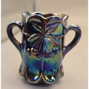 Vintage Moser Vase Carnival Glass Cherry&Cable Iridescent Blue Amethyst Handled